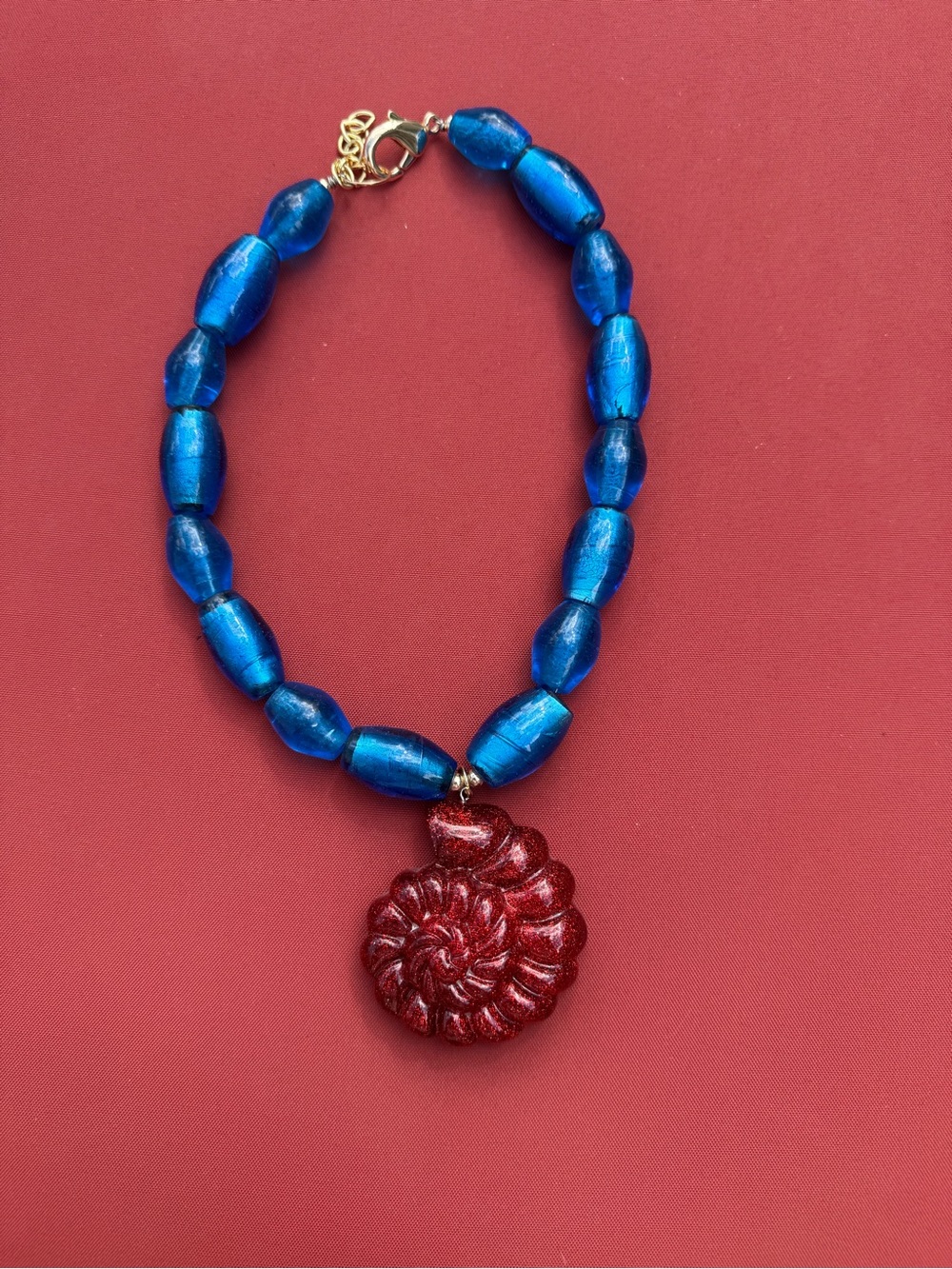 Handcrafted Blue Beaded Necklace with Resin Shell Pendant